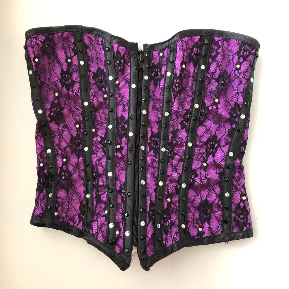 Purple and Black Rhinestone Lace Corset